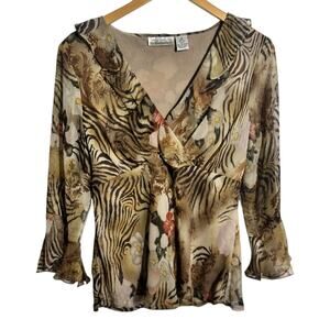 Vintage 90s Y2K Silk Babydoll Top Women M Brown Zebra Floral Bratz Going Out